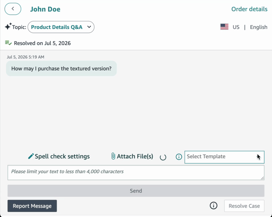 Answering a buyer message in Amazon Seller Central by hand — opening the template picker, then typing the reply from scratch