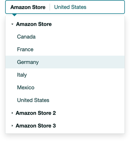 Amazon Seller Central marketplace switcher showing multiple country stores